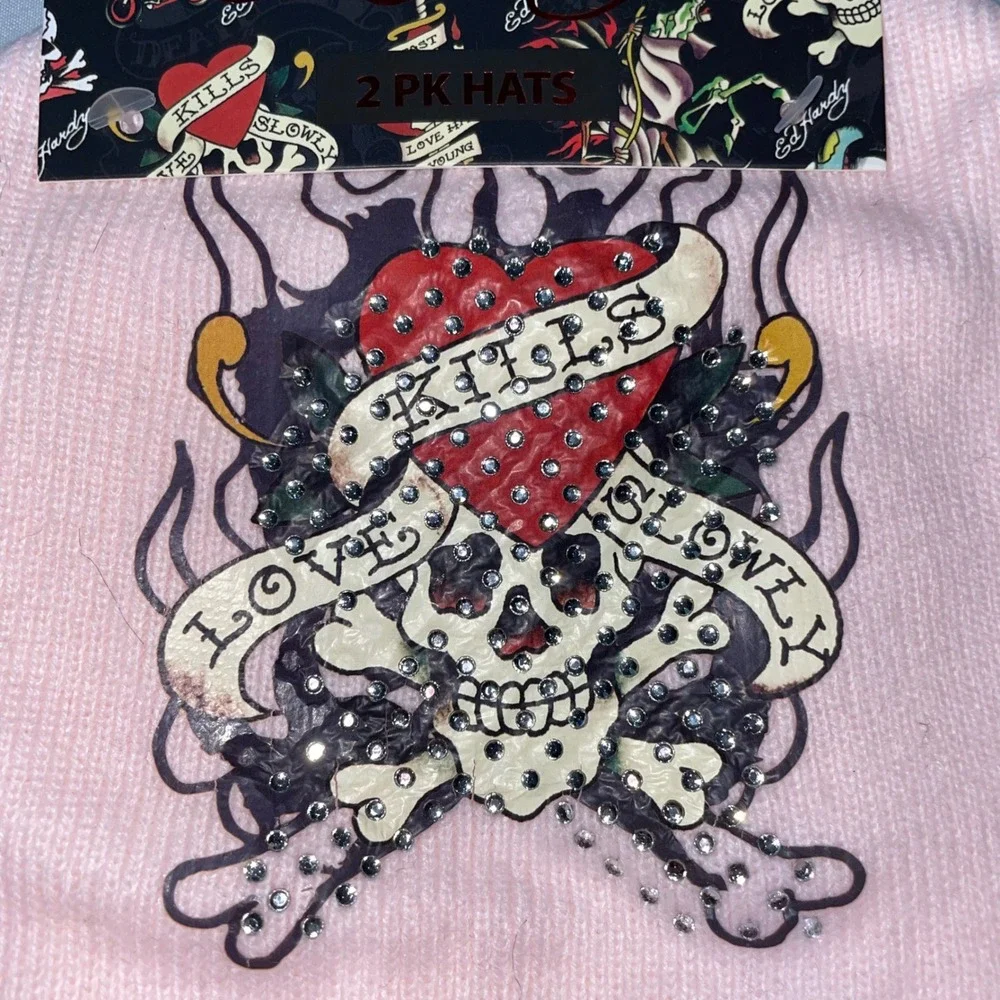 Ed Hardy 2 Pack Beanies Pink Love Kills Slowly Black Tiger Rhinestone Y2K Hat
